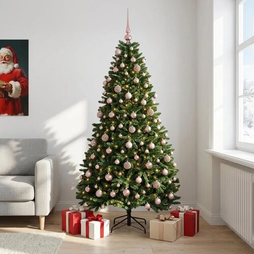  Umjetno božićno drvce srednje zeleno s kuglicama 210 cm - Srednje zelena &amp;Oslash; 106 x 210 cm s 300 LED dioda i ružičastim lopticama Slike