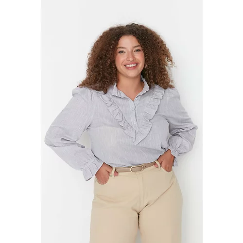 Trendyol Curve Gray Woven Blouse with a Frill Detail on the Collar.