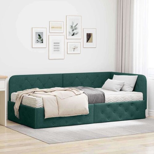 vidaXL Kotna postelja z vzmetnico Temno zelena 90 x 200 cm blago Cene