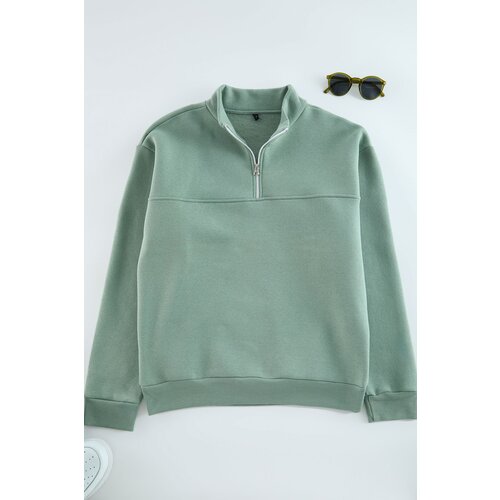 Trendyol Mint Oversize/Wide Cut Stand Collar Zippered Basic Sweatshirt Slike