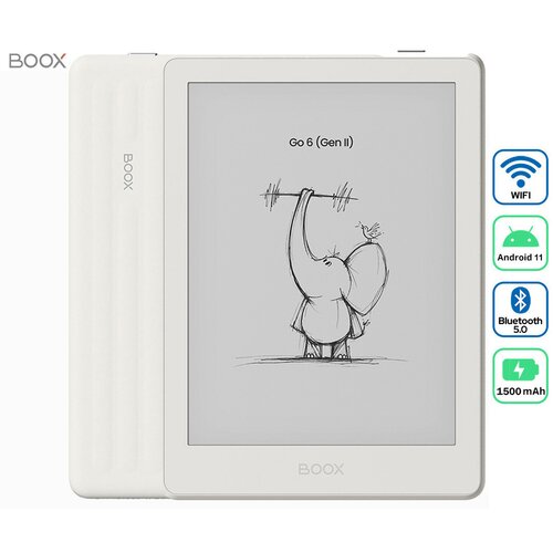 Boox Go 6 Gen II e-bralnik / tablični računalnik, 6", 300ppi, Android, 3GB+32GB, WIFI 5, BT 5.0, 1500mAh baterija, prednja osvetlitev, mikrofon, USB Type-C, microSD, bel (Shell) - - Bonajo Cene
