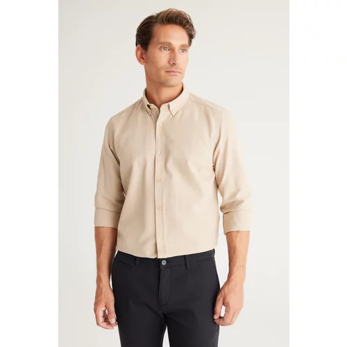 Altinyildiz classics Men's Beige Buttoned Collar Cotton Slim Fit Slim-fit Oxford Shirt.