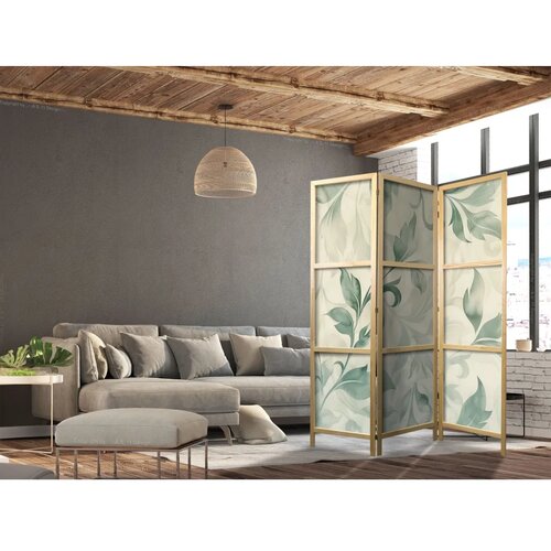  Japanski paravan - Watercolor Botanical Motif - Delicate Green-Beige Leaves 135x172 Cene