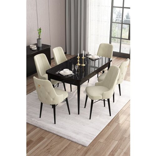 Hanah home Are - Black Marble, Cream Black MarbleCream Extendable Dining Table & Chairs Set (7 Pieces) Cene