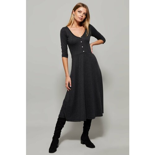 Cool & Sexy Women's Anthracite Button Accessory V-Neck Dress Slike