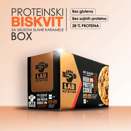 Lab Nutrition PROTEINSKI BISKVIT BOX SA ČOKOLADNIM KOMADIĆIMA I UKUSOM SLANA KARAMELA - BOX - 12kom X 52g Slike