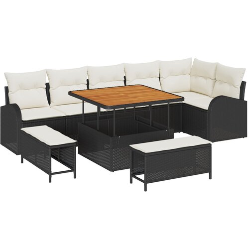 VidaXL 9 delni vrtni sofa set z blazinami Črna Poli ratan Akacija, 2-sedežna vrtna sofa z shranjevanjem in blazinami Črna Poli ratan, 3 delni vrtni jedilni set z blazinami Črna Poli ratan Akacija Slike