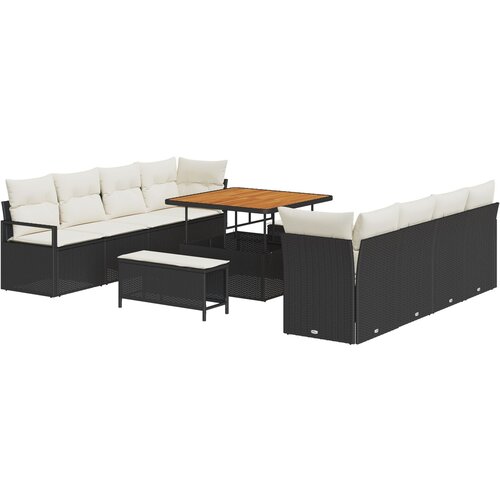 VidaXL set od 11 komada vrtnih sofa s jastučićima crni poli ratan akacija, 2-sjedna vrtna sofa s pohranom i jastučićima crni poli ratan, 3-komadni vrtni set za objedovanje s jastučićima crni poli ratan akacija Slike