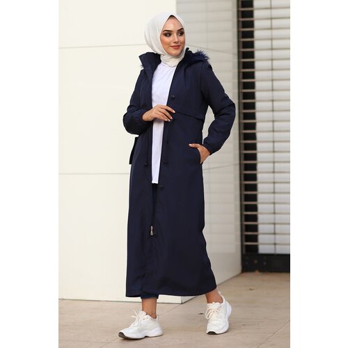 InStyle Women&amp;#039;s Navy Blue 2204 Long Coat with Front Pocket Flap Slike