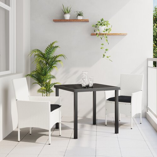 vidaXL 3-dijelni vrtni set za objedovanje s jastučićima bijeli poliratanski, crni vrtni stol 80x80x73 cm od kaljenog stakla Cijene