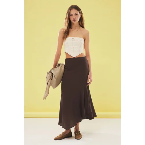 Trendyol Dark Brown Flowy Fabric Hem Asymmetrical Maxi Skirt