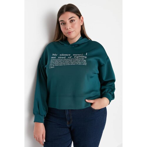 Trendyol Curve Oil Green Hoodie Printed Scuba Knitted Sweatshirt Slike