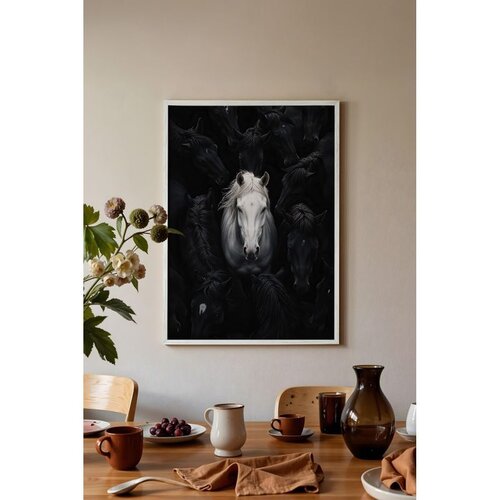 Wallxpert uramljena slika 115190, beli konj među crnim konjima, 50 x 70 cm, beli ram Slike