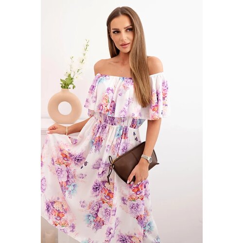 Kesi Włoski Women&amp;#039;s dress with a frill and bare shoulders with flowers violet Slike