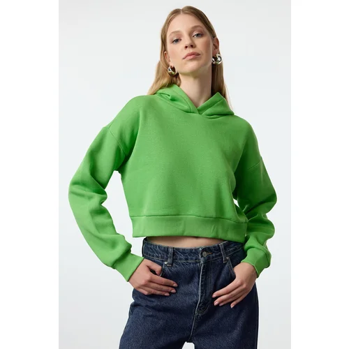 Trendyol Green Thick Fleece Hooded Relaxed Cut Crop Knitted Sweatshirt