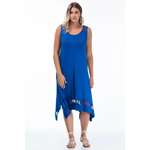 Şans Women's Plus Size Saxe Blue Shoulder And Hem Mesh Detailed Sleeveless Long Viscose Dress