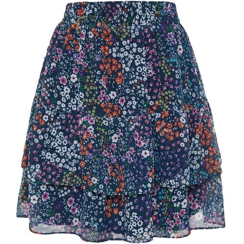 Trendyol Navy Blue Lined Flounce Chiffon Floral Pattern Mini Woven Skirt