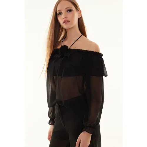 Trendyol Black Unlined Flounce Rose Detail Chiffon Blouse