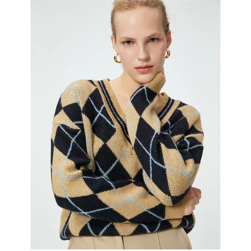 Koton Oversize Diamond Pattern Sweater V-Neck
