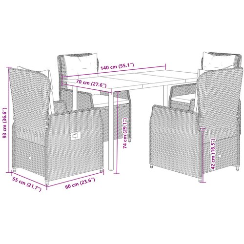  5-dijelni vrtni blagovaonski set s jastucima poliratan smeđi Smeđa 140 x 70 x 74 cm Slike