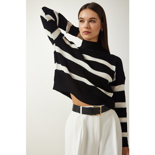 Happiness İstanbul Women's Black High Collar Striped Knitwear Sweater Slike