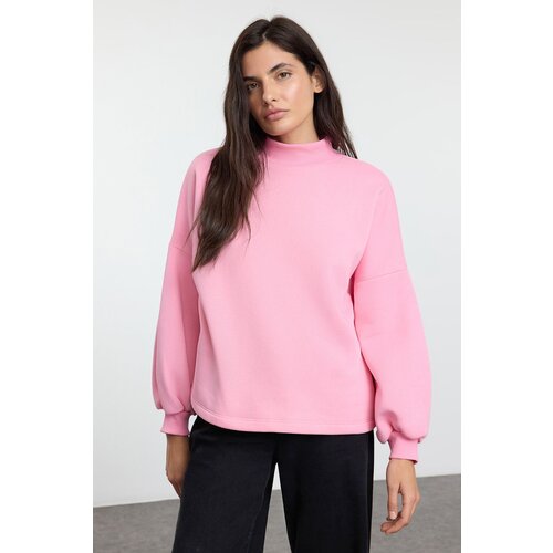 Trendyol Light Pink Basic Oversize/Wide Pattern Turtleneck Thick Polar Fleece Knitted Sweatshirt Slike