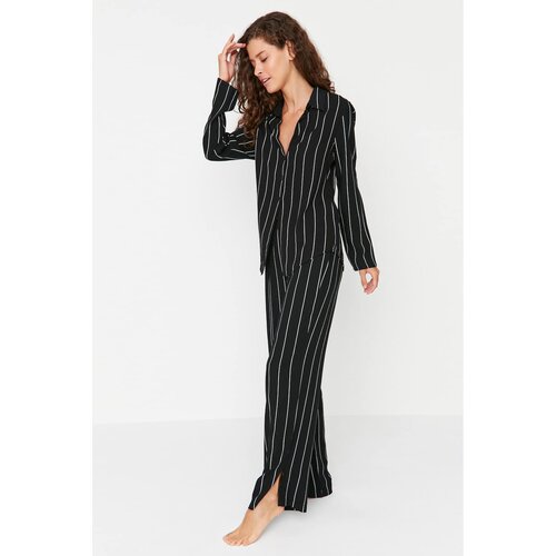 Trendyol Black Striped Shirt Collar Viscose Woven Pajamas Set Slike