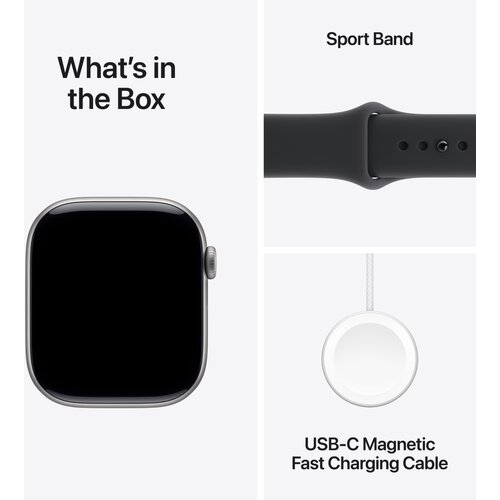 Apple Watch Series 11 GPS 46mm M/L sive MEV44ZR/A Aluminijasto ohi&amp;scaron;je barve, &amp;scaron;portni pa&amp;scaron;cek crne barve Slike
