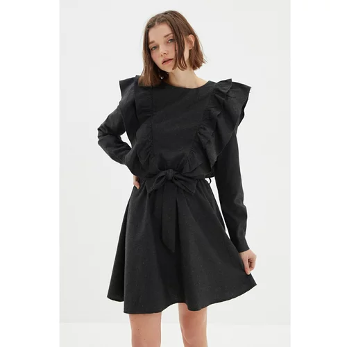 Trendyol Anthracite Belted Frilly Dress