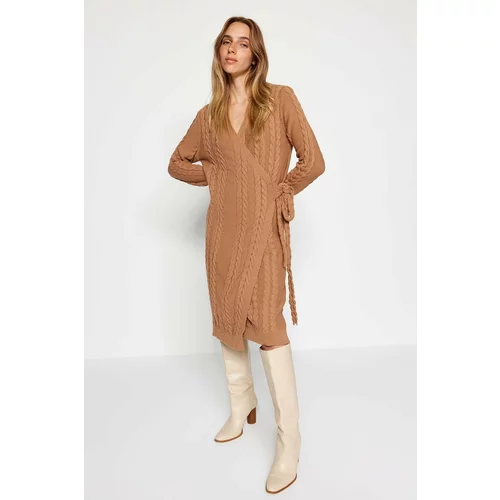 Trendyol Camel Midi Knitwear V-Neck Dress with Braids