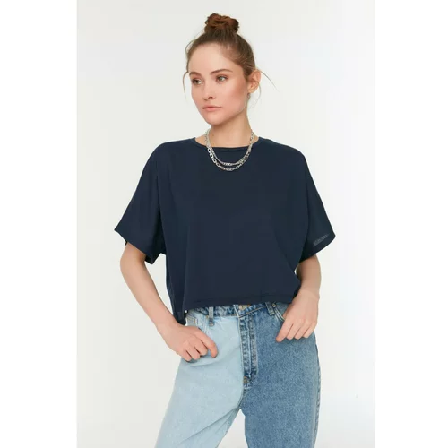 Trendyol Navy Blue Loose Crop Knitted T-Shirt