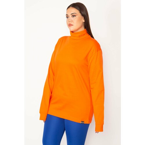 Şans Women's Plus Size Orange Cotton Fabric Turtleneck Blouse Slike