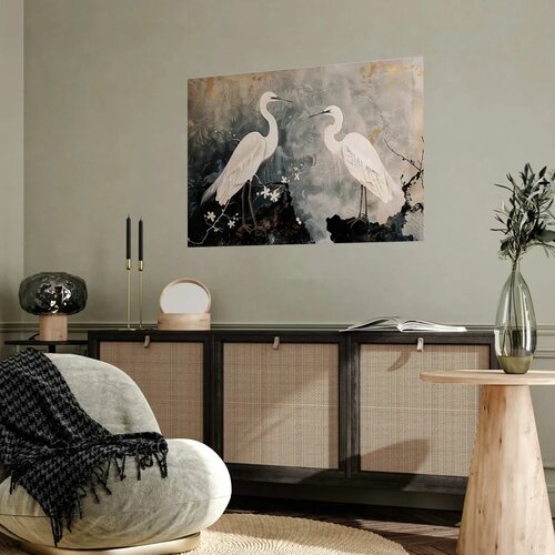  Plakat - Herons and Cherry Blossom - oriental-style illustration depicting birds 30x21 Bez okvira Slike