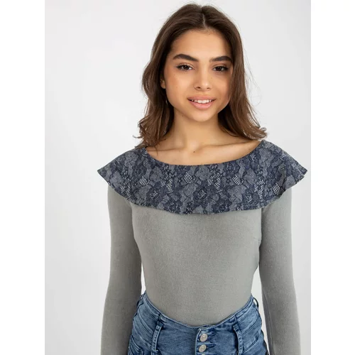 Fashion Hunters Grey and dark blue blouse with lace boat neckline