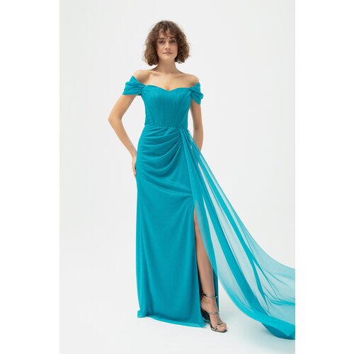 Lafaba Women's Turquoise Underwire Corset Detailed Silvery Long Evening Dress Slike