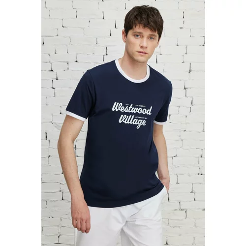 AC&Co / Altınyıldız Classics Men's Navy Blue Slim Fit T-Shirt with a text print on the front, 100% Cotton.