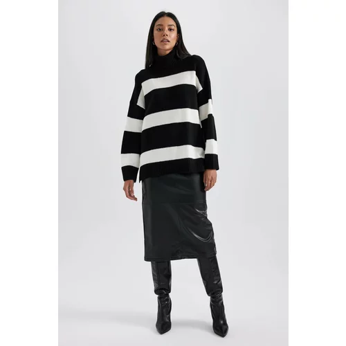 Defacto Faux Leather Normal Waist Midi Knitted Skirt