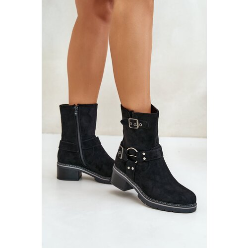 FI1 Women's Low Heel Boots With Buckles Black Zudra Cene