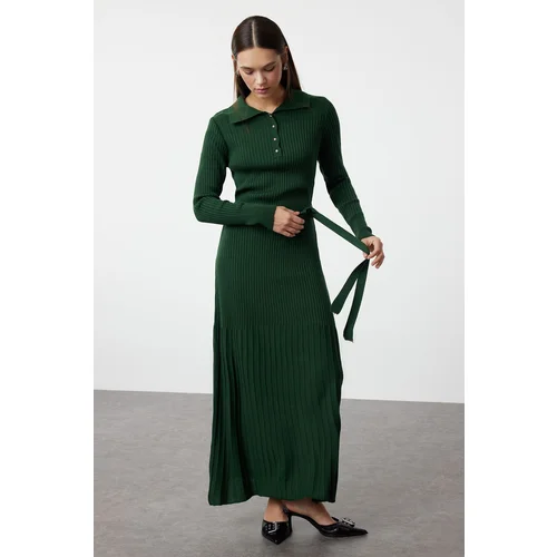 Trendyol Dark Green Belted Polo Neck Ribbed Knitwear Dress