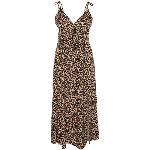 Trendyol Curve Camel Maxi Slit Detailed Leopard Patterned Woven Dress Slike