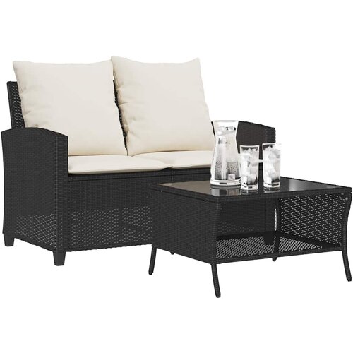 VidaXL Garden Sofa 2-sedežnik z blazinami&amp;amp;Table Black Poly Rattan Slike