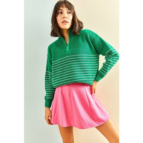 Bianco Lucci Women's Turtleneck Zipper Striped Knitwear Sweater Slike
