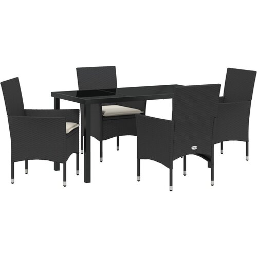 VidaXL 5-dijelni set za obedovanje u vrtu s jastučićima crni poliratan, vrtni stol crni 140x80x73 cm od kaljenog stakla Slike