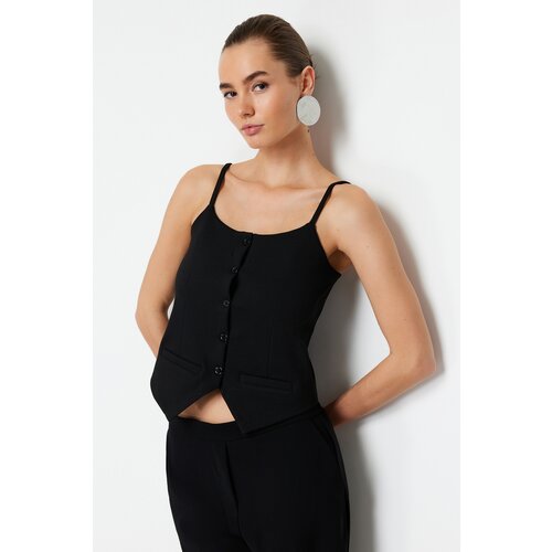 Trendyol Black Strap Buttoned Flexible Crop Knitted Blouse Cene