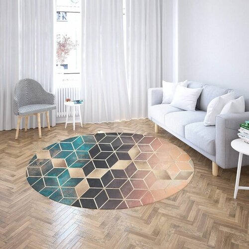Okrugli tepih sa gumenom podlogom 160x160cm - 3D kocke zeleno-zlatni, TG-1060 Slike
