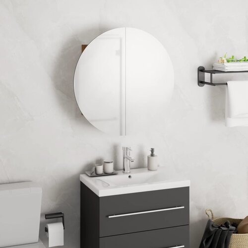 VidaXL Kopalni&amp;scaron;ka omarica z okroglim ogledalom LED hrast 40x40x17,5 cm Slike