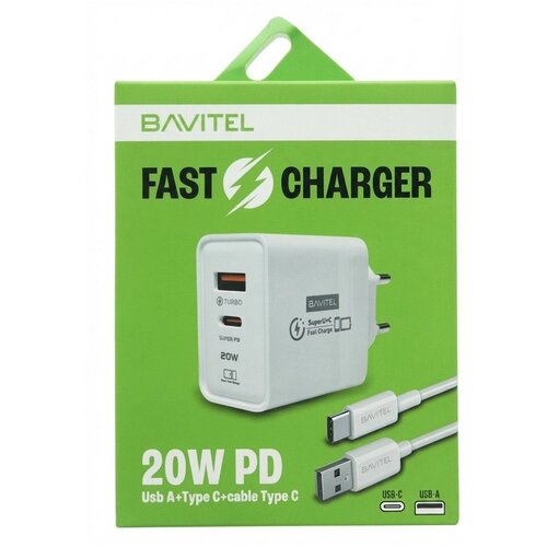 BAVITEL punjač 20W PD Usb A+ Type C +kabl Usb A/ Type C bela Slike