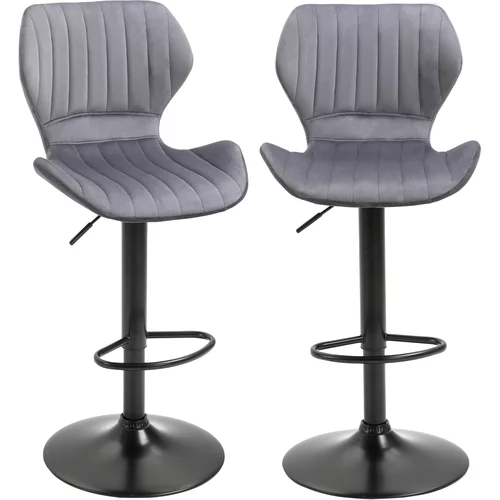 HOMCOM Komplet 2 visokih žametno oblazinjenih barskih stolčkov z nastavljivo višino, vrtljivi kuhinjski stolčki z naslonom in podnožjem, 47x51,5x94-114cm, siva, (20745198)