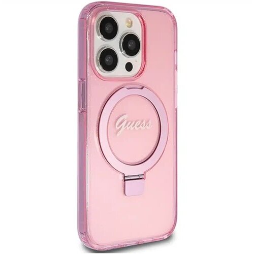  Originalna GUESS Hardcase GUHMP15XHRSGSP torbica za iPhone 15 Pro Max (Magsafe / Glitter Script Logo / stalak za prsten / pink) Slike