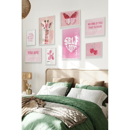 Wallxpert set od 8 uramljenih slika &Ccedil;gs-022, roze motivi &ndash; leptir, žirafa, tre&scaron;nje, balon pas i natpis self love, beli ram Cene